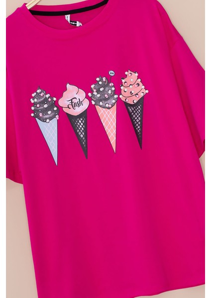 Fuşya Dondurma Baskılı Taşlı Kız Çocuk Kısa Kol Oversize Tişört 20796 fiyatları