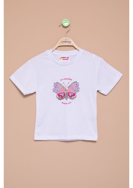 Ekru Kelebek Baskılı Payetli Kız Çocuk Tişört 20997