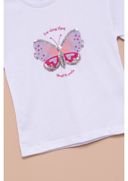 Ekru Kelebek Baskılı Payetli Kız Çocuk Tişört 20997 fiyatları