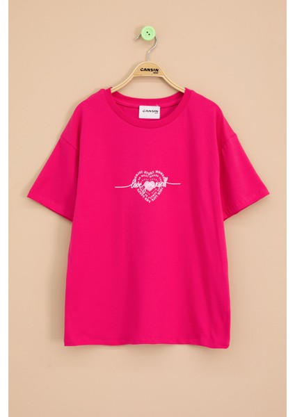 Fuşya Sırtı Kalp Baskılı Yazılı Kız Çocuk Bisiklet Yaka Tişört 20969