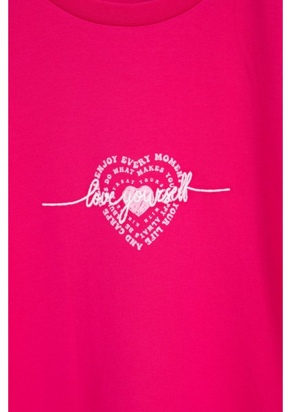 Fuşya Sırtı Kalp Baskılı Yazılı Kız Çocuk Bisiklet Yaka Tişört 20969 fiyatları