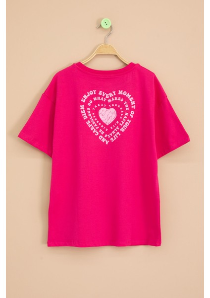 Fuşya Sırtı Kalp Baskılı Yazılı Kız Çocuk Bisiklet Yaka Tişört 20969 modelleri