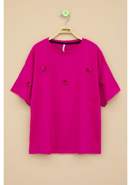 Fuşya Gül Nakış Detaylı Kısa Kol Kız Çocuk Oversize Tişört 20806