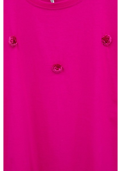 Fuşya Gül Nakış Detaylı Kısa Kol Kız Çocuk Oversize Tişört 20806 fiyatları