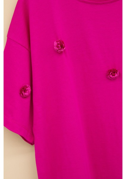 Fuşya Gül Nakış Detaylı Kısa Kol Kız Çocuk Oversize Tişört 20806 fırsatları