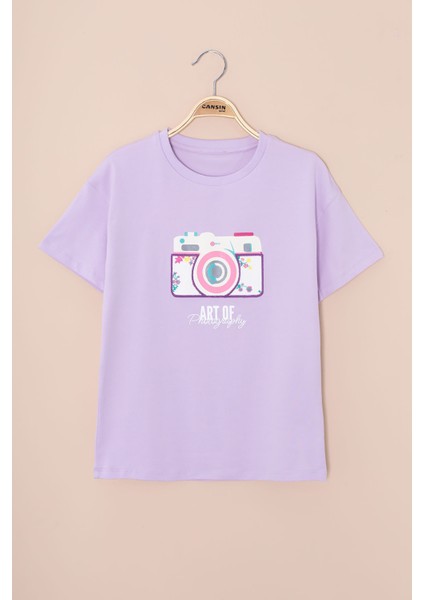 Lila Sırtı Yazılı Fotoğraf Baskılı Kız Çocuk Bisiklet Yaka Tişört 20977