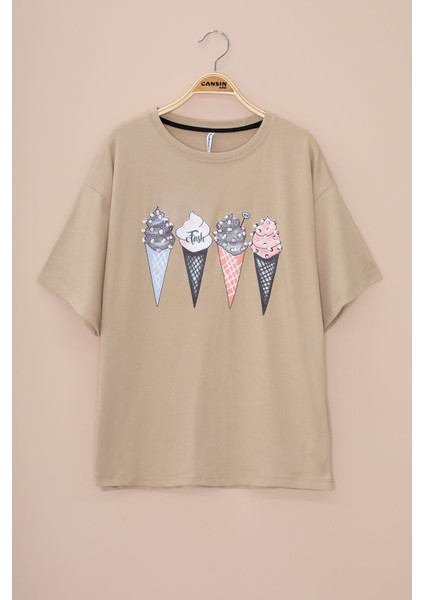 Kahve Dondurma Baskılı Taşlı Kız Çocuk Kısa Kol Oversize Tişört 20795