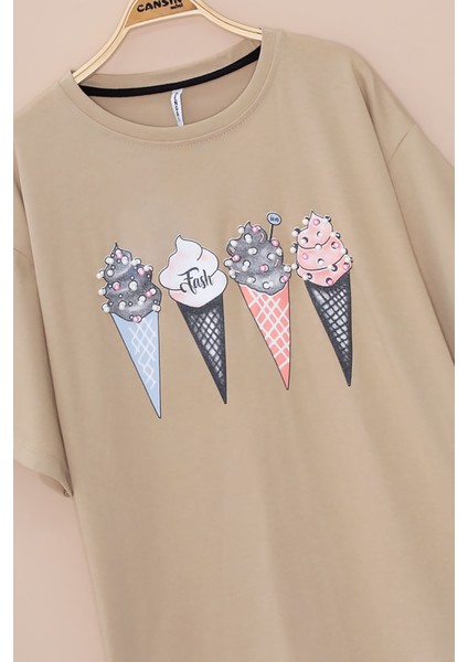 Kahve Dondurma Baskılı Taşlı Kız Çocuk Kısa Kol Oversize Tişört 20795 fiyatları