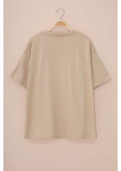 Kahve Dondurma Baskılı Taşlı Kız Çocuk Kısa Kol Oversize Tişört 20795 modelleri