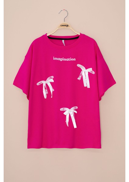 Fuşya Yazı Baskılı Fiyonklu Kız Çocuk Kısa Kol Oversize Tişört 20804