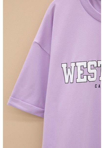 Lila West Coast Yazılı Kısa Kol Kız Çocuk Bisiklet Yaka Tişört 20963 modelleri