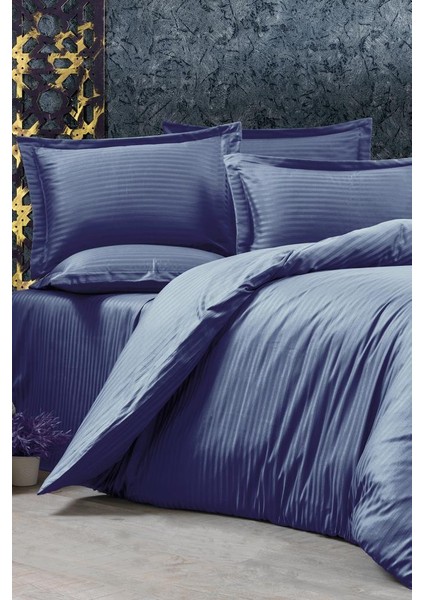 Stripe Çift Kişilik Pollysaten Nevresim Takımı Lacivert