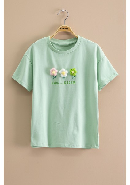 Yeşil Papatya Nakışlı Bisiklet Yaka Kız Çocuk Tişört 20986