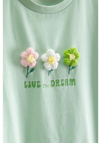 Yeşil Papatya Nakışlı Bisiklet Yaka Kız Çocuk Tişört 20986 fiyatları