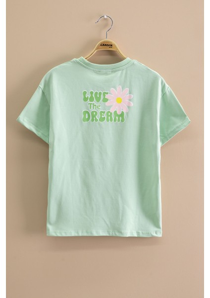 Yeşil Papatya Nakışlı Bisiklet Yaka Kız Çocuk Tişört 20986 modelleri