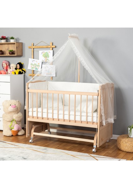 Doğal Ahşap Anne Yanı Beşik Yeni Doğan Bebek Beşiği (Boyasız) 60X120 Uyku Seti Yatak Tekerlekli