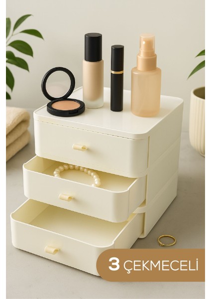 3 Katlı Makyaj ve Takı Organizeri – Çekmeceli Kozmetik Düzenleyici Kutusu