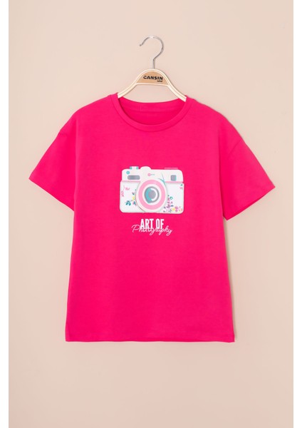 Fuşya Sırtı Yazılı Fotoğraf Baskılı Kız Çocuk Bisiklet Yaka Tişört 20981