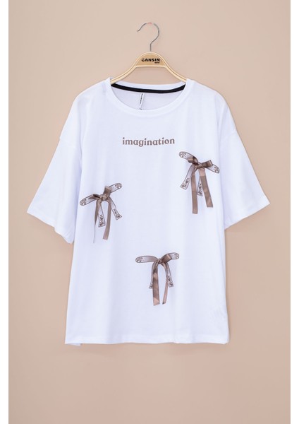 Ekru Yazı Baskılı Fiyonklu Kız Çocuk Kısa Kol Oversize Tişört 20802