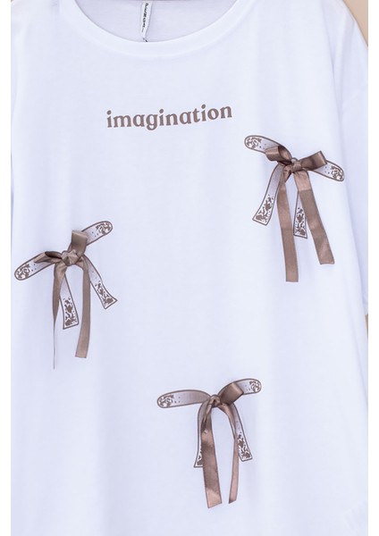 Ekru Yazı Baskılı Fiyonklu Kız Çocuk Kısa Kol Oversize Tişört 20802 fiyatları