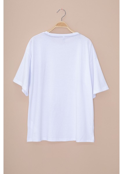 Ekru Yazı Baskılı Fiyonklu Kız Çocuk Kısa Kol Oversize Tişört 20802 modelleri
