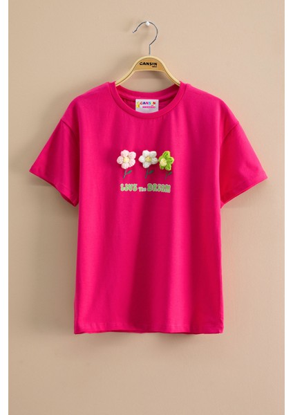 Fuşya Papatya Nakışlı Bisiklet Yaka Kız Çocuk Tişört 20983