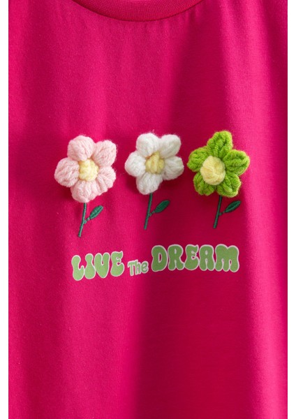 Fuşya Papatya Nakışlı Bisiklet Yaka Kız Çocuk Tişört 20983 fiyatları