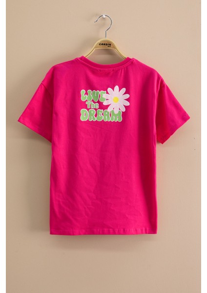 Fuşya Papatya Nakışlı Bisiklet Yaka Kız Çocuk Tişört 20983 modelleri