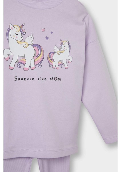 Kız Bebek 2'li Takım Unicorn Baskılı Uzun Kollu Tişört Alt E9996A525AU modelleri