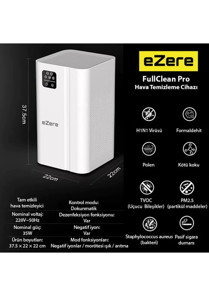 ANİON Hava Temizleme Cihazı 350 Cadr, LED Ekran, Iyon ve Sessiz Çalışma ile Toz, Duman, Poleni %99.9 Filtreler. Temiz Hava