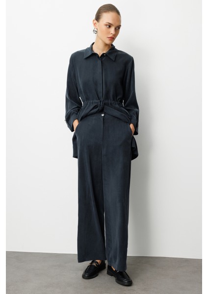 Geniş Paça Beli Lastikli Siyah Cupro Pantolon