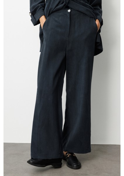 Geniş Paça Beli Lastikli Siyah Cupro Pantolon modelleri