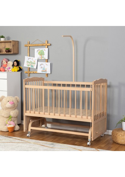 Ahşap Beşik Anne Yanı Beşik Organik (Boyasız) 60X120 - Tekerlekli Uyku Setsiz ve Yataksız