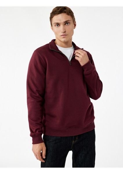 Uzun Kollu Şardonlu Basic Yarım Fermuarlı Sweatshirt
