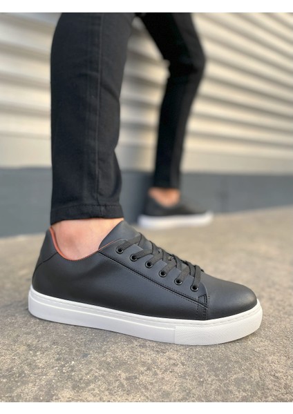 Mode Bağcıklı Cilt Siyah Beyaz Erkek Günlük Sneaker Ayakkabı