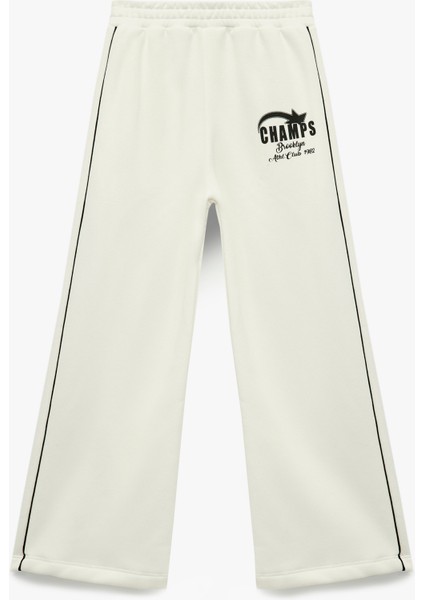 Şardonlu Baskılı Beli Lastikli Biyeli Geniş Paça Eşofman Altı