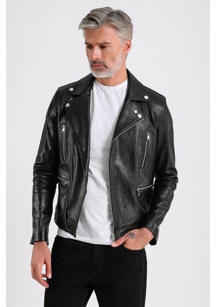 Judah Erkek Siyah Jumbo Biker Deri Mont modelleri