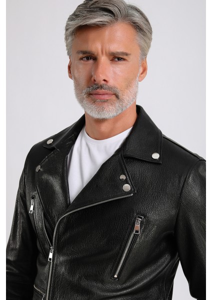 Judah Erkek Siyah Jumbo Biker Deri Mont