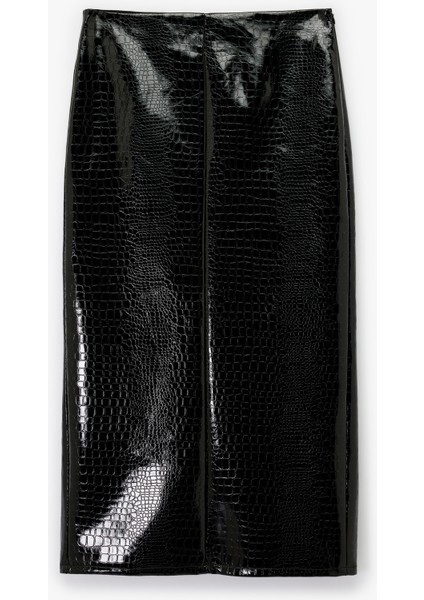 Suni Deri Kroko Görünümlü Ön Yırtmaç Detaylı Midi Kalem Etek