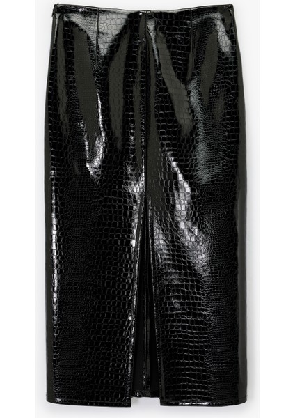 Suni Deri Kroko Görünümlü Ön Yırtmaç Detaylı Midi Kalem Etek fiyatları