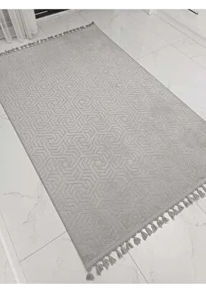 Kaymaz Taban Halı Püsküllü Gri Renk Düz Tasarım Makinede Yıkanabilir