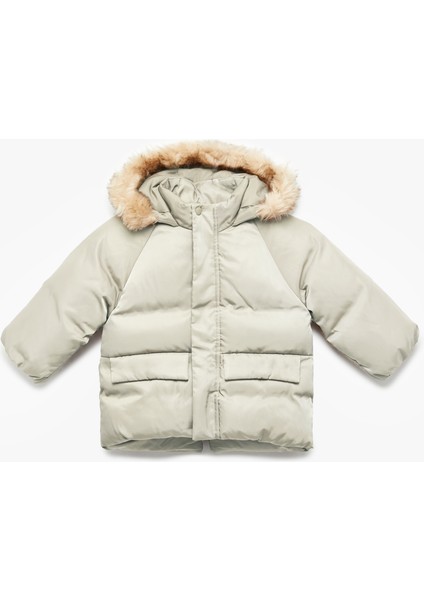 Uzun Kollu Cepli Peluş Detaylı Kapşonlu Şişme Mont