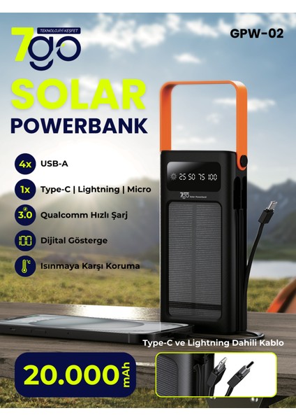 Gpw-02 20.000MAH Solar Powerbank – 4xusb-A, Qualcomm 3.0 Hızlı Şarj, Dahili Lightning & Usb-C Kablo, Dijital Yüzdelik Ekran