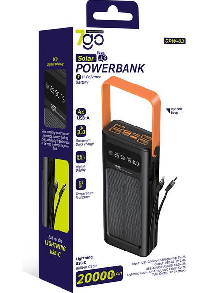 Gpw-02 20.000MAH Solar Powerbank – 4xusb-A, Qualcomm 3.0 Hızlı Şarj, Dahili Lightning & Usb-C Kablo, Dijital Yüzdelik Ekran fırsatları