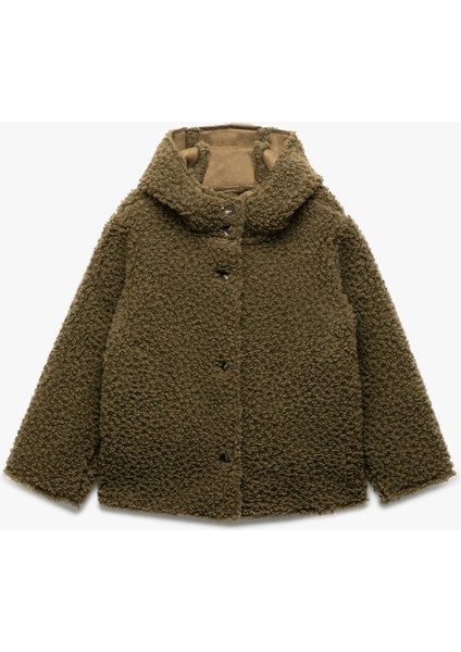 Uzun Kollu Kapşonlu Peluş Ceket