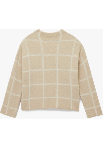 Uzun Kollu Dik Yaka Kareli Triko Peluş Kazak fiyatları