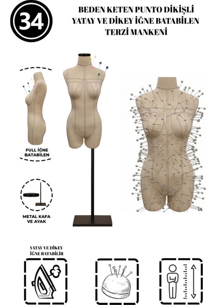 Özel Punto Kumaş - 34 Beden Pantolon Giyebilen Iğne Batabilen Terzi Mankeni