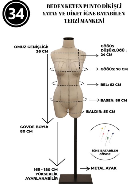 Özel Punto Kumaş - 34 Beden Pantolon Giyebilen Iğne Batabilen Terzi Mankeni fiyatları