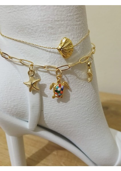 Kadın Çelik Halhal Seti 2’li – Deniz Kabuğu, Renkli Kaplumbağa ve Deniz Yıldızı Detaylı