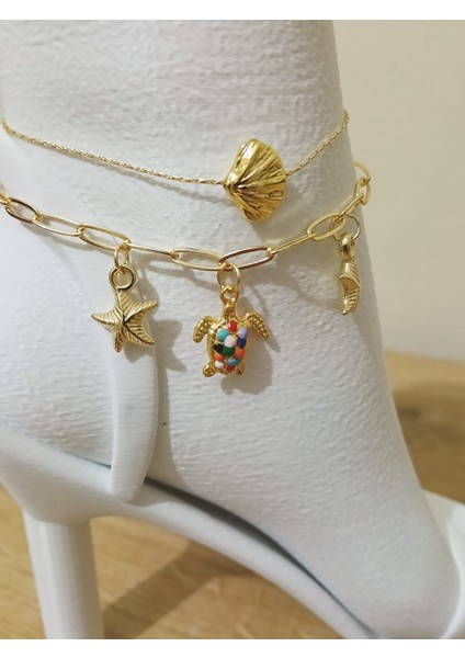 Kadın Çelik Halhal Seti 2’li – Deniz Kabuğu, Renkli Kaplumbağa ve Deniz Yıldızı Detaylı modelleri